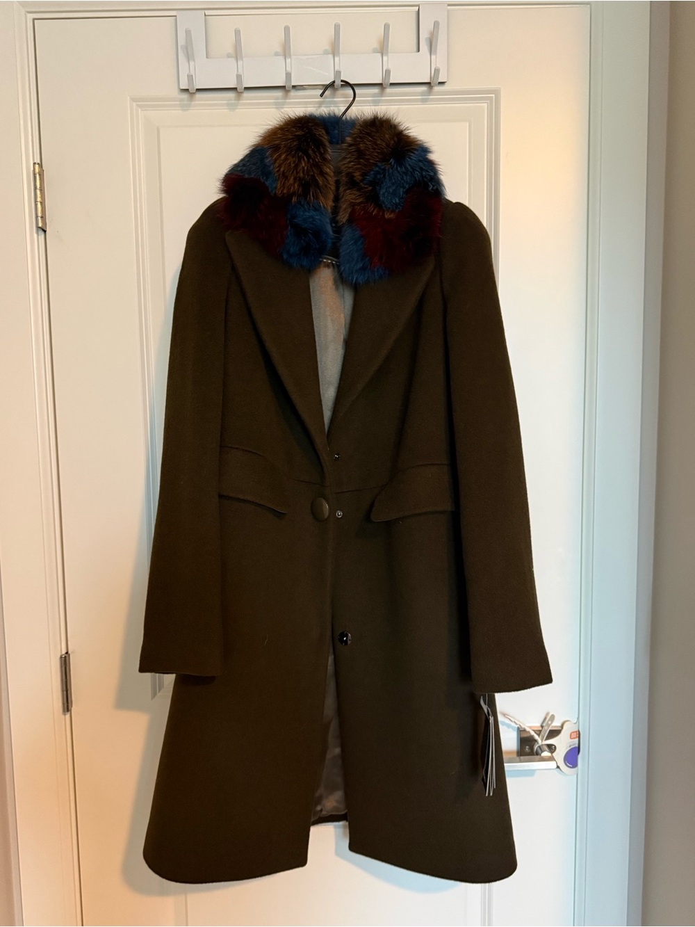 1 Madison Olive Wool Coat with Multi-Color Fur Collar